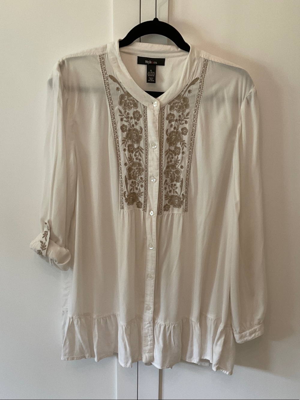Style & Co. Cream Button-Front Tunic with Tan Floral Embroidery